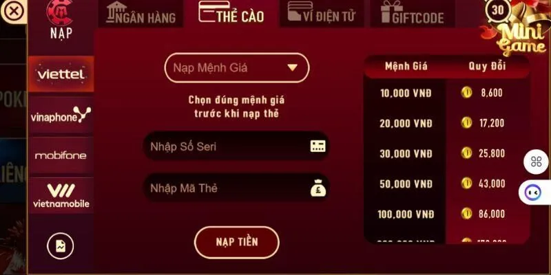 Nạp tiền Bon68 bằng thẻ cào cực tiện lợi 